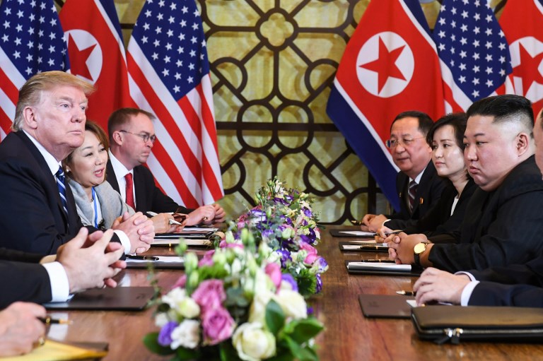 NO AGREEMENT. US President Donald Trump (L) and North Korea's leader Kim Jong Un (R) hold a bilateral meeting during the second US-North Korea summit at the Sofitel Legend Metropole hotel in Hanoi on February 28, 2019. Photo by Saul Loeb/AFP 