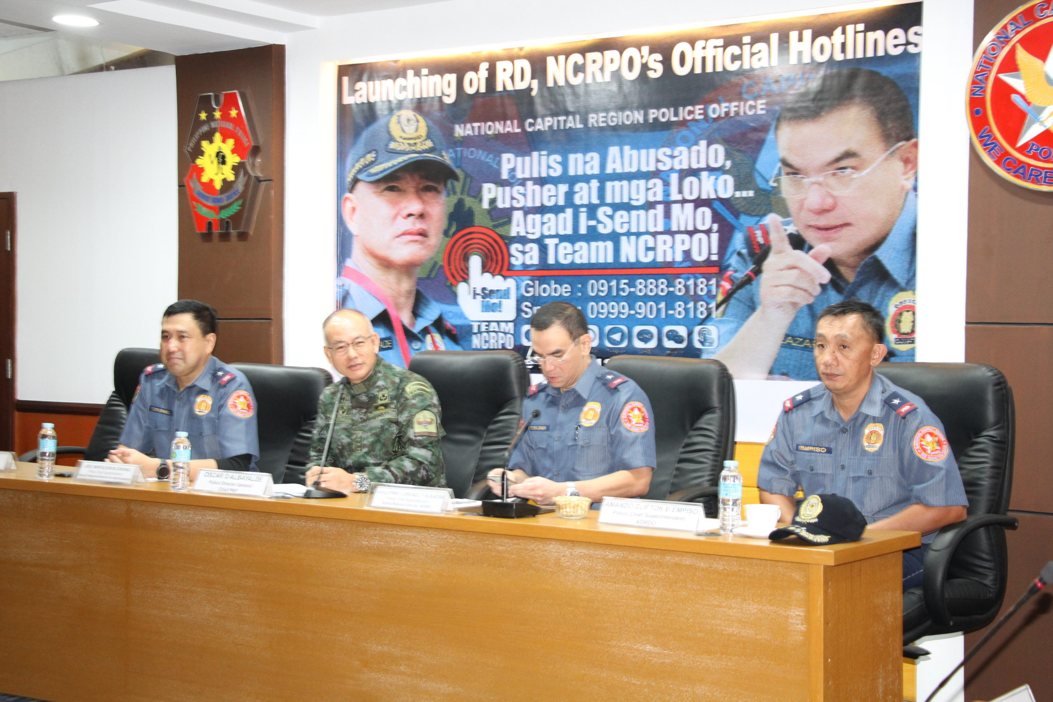 NCRPO HOTLINES. TOp col Director General Osar Albayalde (2nd, left) and NCPRO director Cief Superintendent Guillermo Eleazar at the launch of the Team-NCRPO official hotlines on June 29, 2018. Photo from NCRPO 