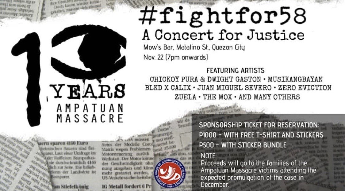 FIGHT FOR 58. A concert featuring artists such as Juan Miguel Severo and BLKD x Calix raises funds for the families of those slain in the Ampatuan massacre in 2009. Photo from the event's Facebook page 