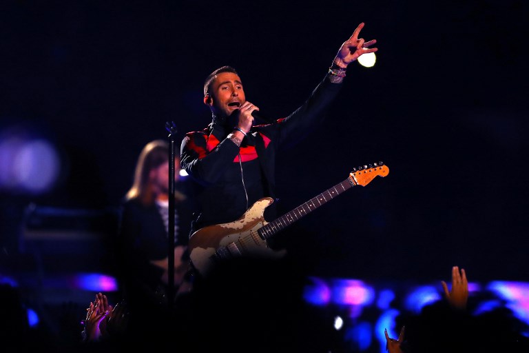 SUPER BOWL PERFORMANCE. Adam Levine of Maroon 5 performs during the Pepsi Super Bowl LIII Halftime Show at Mercedes-Benz Stadium on February 03, 2019 in Atlanta, Georgia.  Photo by Maddie Meyer/Getty Images/AFP  