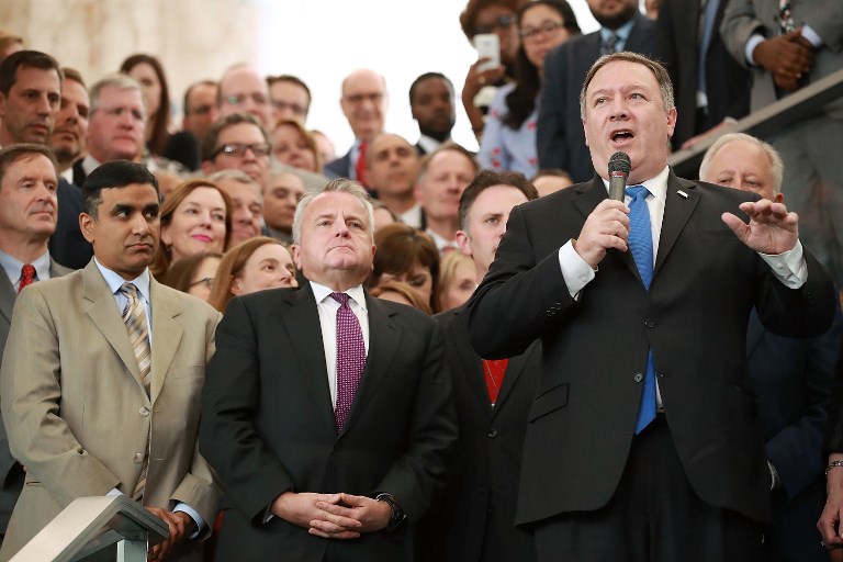 NEW SECRETARY. U.S. Secretary of State Mike Pompeo (R) delivers remarks during a welcome ceremony in the lobby of the Harry S. Truman Building May 1, 2018 in Washington, DC. Photo by Chip Somodevilla/Getty Images/AFP 
