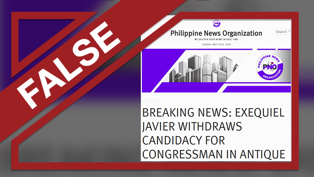 FALSE. Screenshot of Philippine News Organization's headline claiming Exequiel Javier's withdrawal from his congressional bid in Antique. 