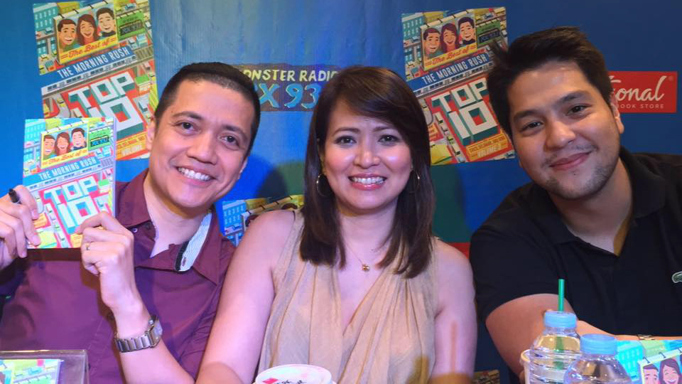 GOODBYE, DELAMAR. Delamar with her 'The Morning Rush' co-hosts, Chico Garcia and Gino Quillamor (L & R). Screengrab from Facebook/The Morning Rush.   