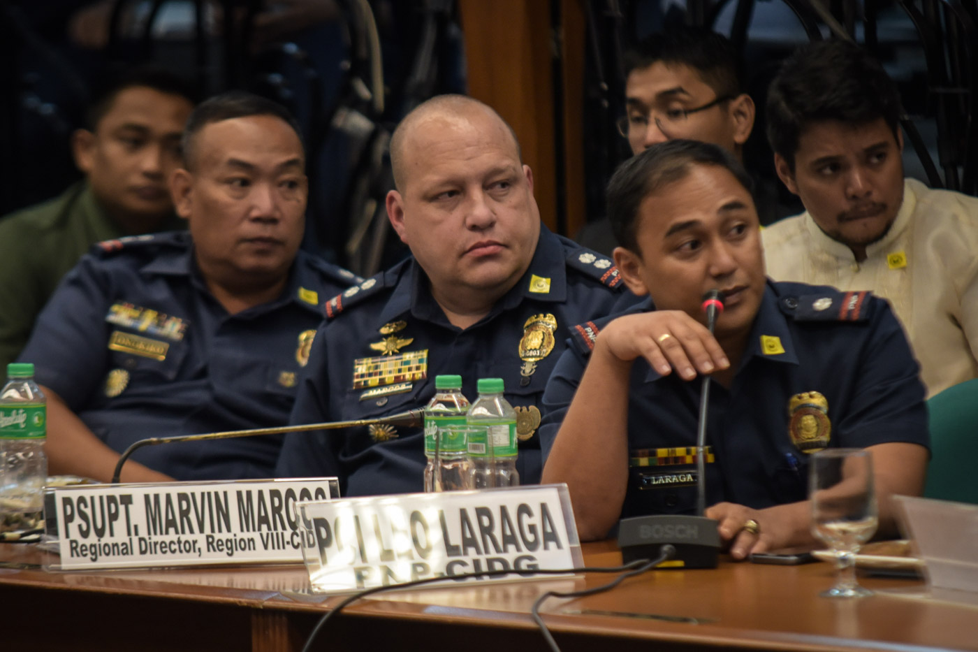 COPS UNDER FIRE. Superintendent Marvin Marcos (middle) and Chief Inspector Leo Laraga attend the Senate inquiry into the death of Albuera, Leyte Mayor Rolando Espinosa Sr on November 10, 2016. Photo by LeAnne Jazul/Rappler 