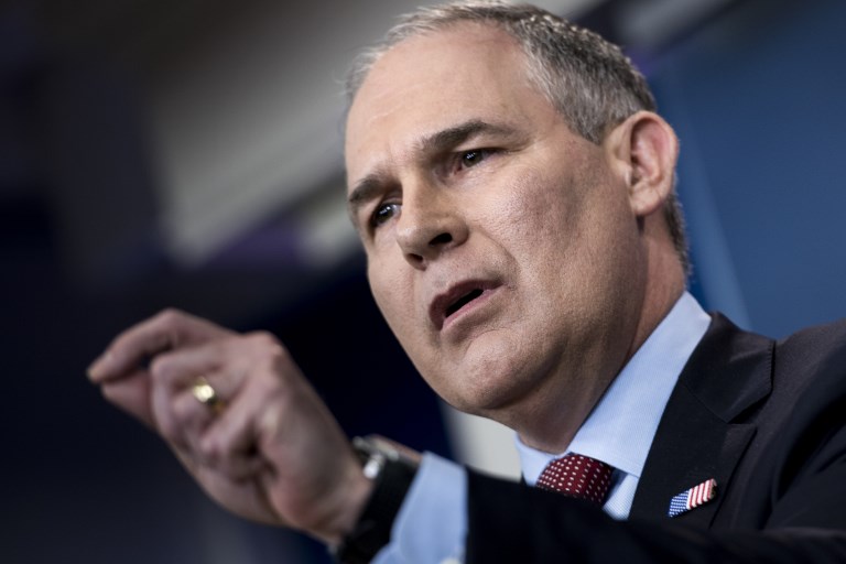 RESIGNATION. In this file photo, Environmental Protection Agency Administrator Scott Pruitt speaks during a briefing at the White House June 2, 2017 in Washington, DC. File photo by Brendan Smialowski/AFP  