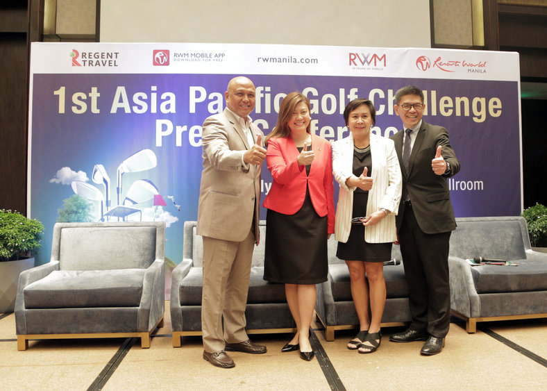 KICKOFF. The RWM Asia Pacific Golf Challenge gets formally unveiled by (from left) Philippine Airlines senior AVP for passenger sales Philippines Genaro Velasquez, Resorts World Manila senior director for hotel sales and marketing Kathy Mercado, Regent Travel president Connie Mamaril, and Travellers International Hotel Group, Inc.’s Jeff Evora. Photo release  