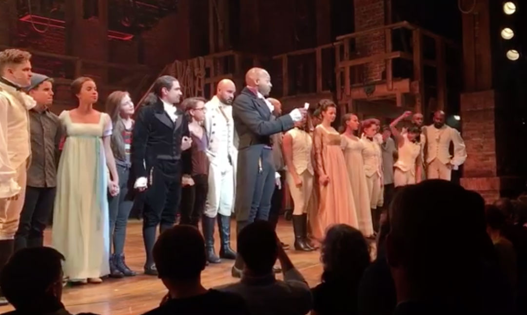 DIVERSE CAST. 'Hamilton' actor Brandon Dixon calls reads the message from the cast to US Vice President-elect Mike Pence, who was present to watch the show in New York. Screengrab from Facebook/Hamilton:An American Musical    