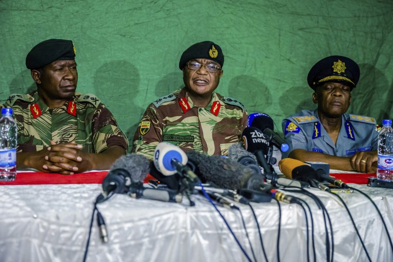 THE PAST. Then Zimbabwe's Commander Defense Forces General Constantino Guveya Chiwenga (C) speaks during a press conference at the Tongogara Barracks in 2017. File photo by Jekesai Njikizana/AFP  