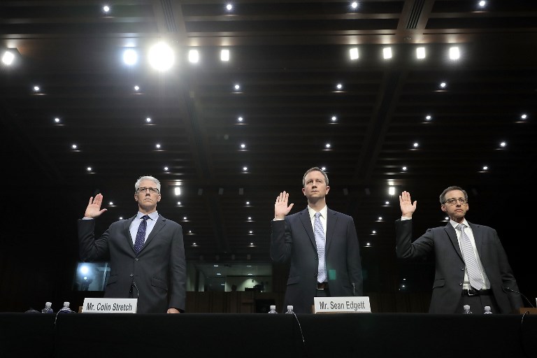 REPRESENTATIVES. Facebook General Counsel Colin Stretch, Twitter Acting General Counsel Sean Edgett, and Google Law Enforcement and Information Security Director Richard Salgado are sworn in before the Senate Judiciary Committee's Crime and Terrorism Subcommittee in the Hart Senate Office Building on Capitol Hill October 31, 2017 in Washington, DC. File photo by Chip Somodevilla/AFP 