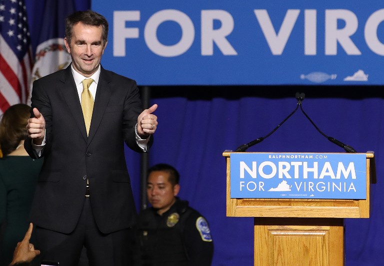 BIGGEST WINNER. Virginia Gov.-elect Ralph Northam greets supporters at an election night rally November 7, 2017 in Fairfax, Virginia. Win McNamee/Getty Images/AFP 