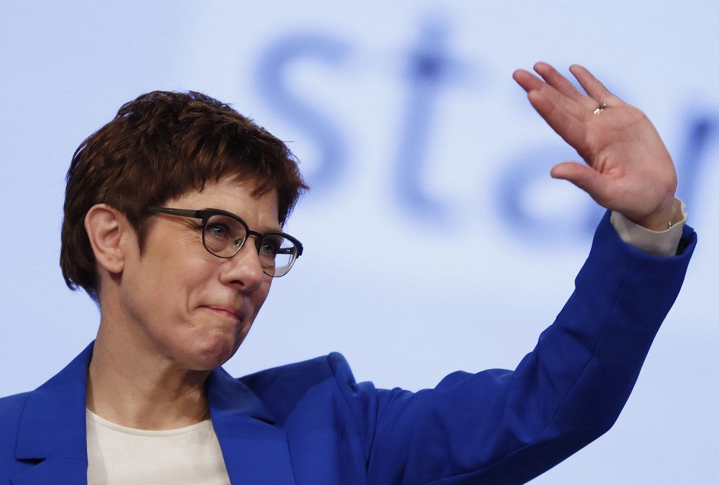 CHALLENGING CRITICS. The leader of the Christian Democratic Union (CDU) Annegret Kramp-Karrenbauer waves after delivering her a speech during the congress of Germany's conservative Christian Democratic Union (CDU) party on November 22, 2019, in Leipzig, eastern Germany.  Photo by Odd Andersen/AFP 