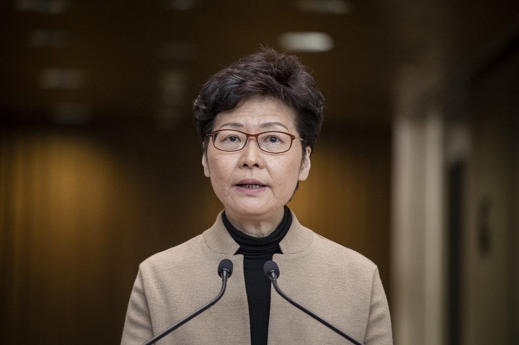 CARRIE LAM. Hong Kong Chief Executive Carrie Lam speaks during a press conference in Hong Kong on November 19, 2019. Photo by Nicolas Asfouri/AFP 