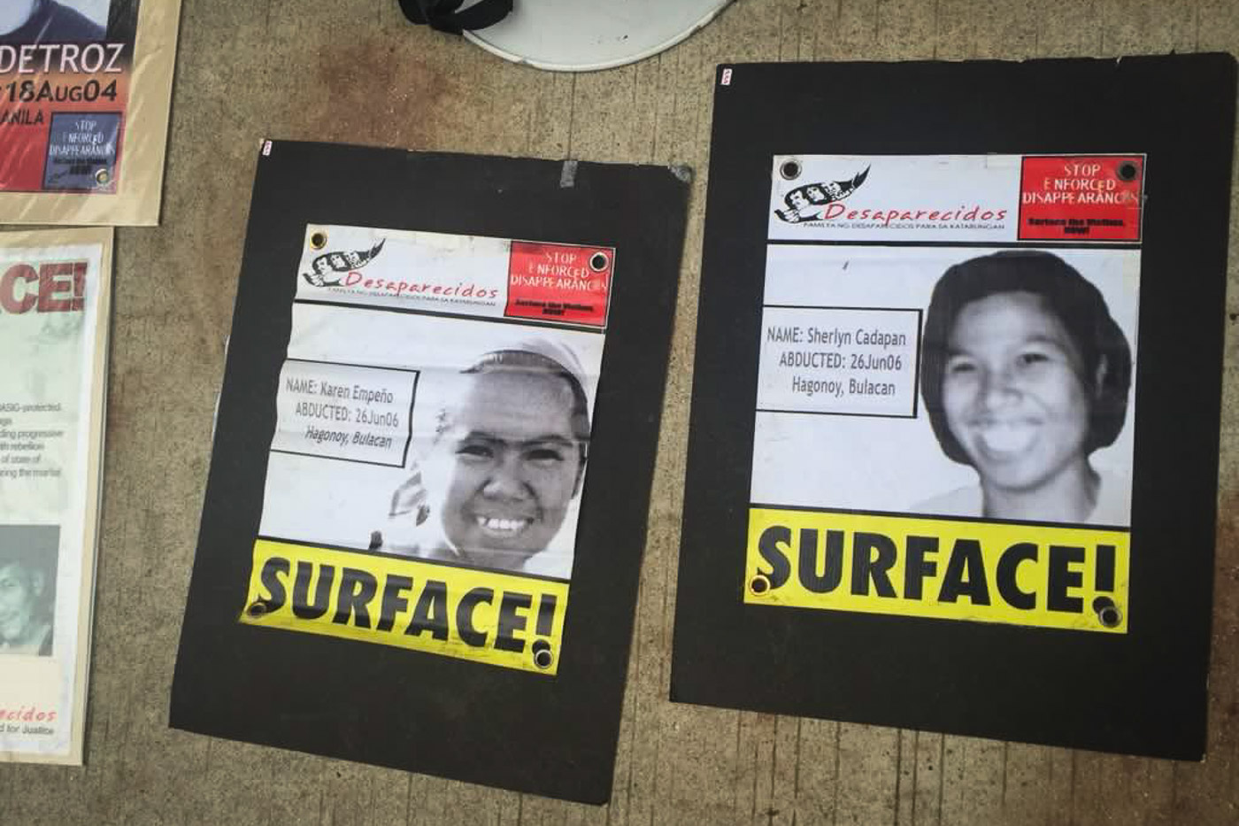 SURFACE! Posters of kidnapped UP students Karen Empeno and Sherlyn Cadapan. Photo by Lian Buan/Rappler 