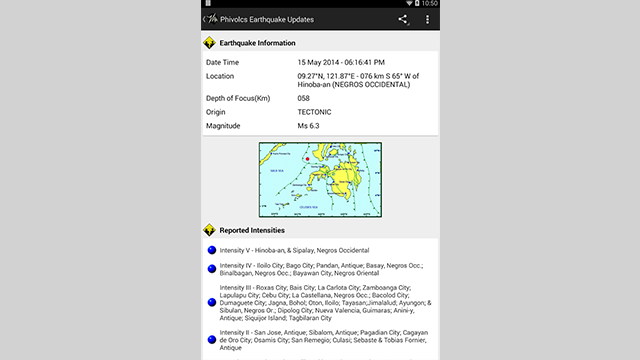 Screenshot from PH Weather and Earthquakes app 