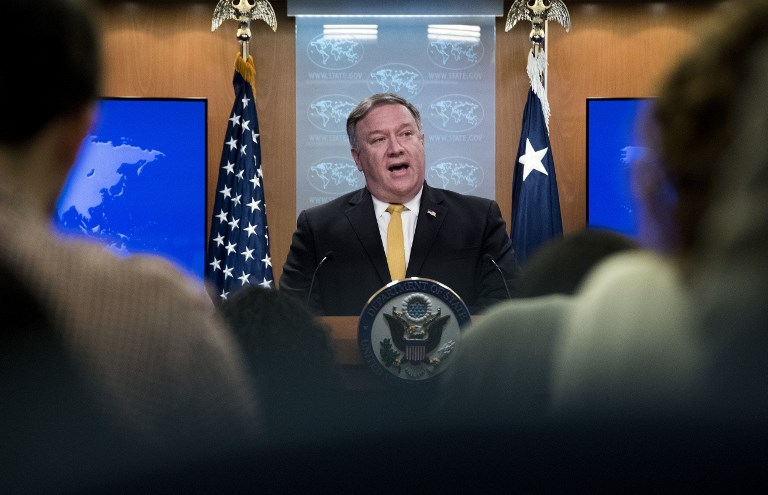 NO 'COLD WAR.' US Secretary of State Mike Pompeo says there is no 'cold war' with China, but the two have security issues that need to be ironed out. File photo shows Pompeo at a press briefing on October 3, 2018. Photo by Jim Watson/AFP  