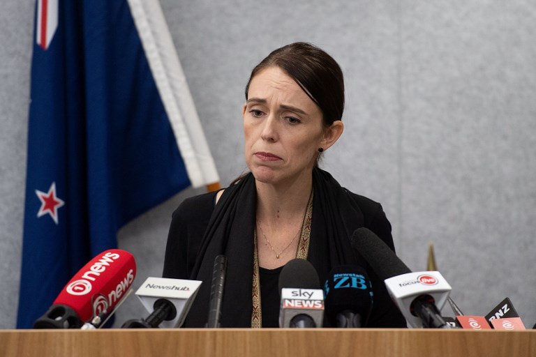 JACINDA ARDERN. New Zealand Prime Minister Jacinda Ardern speaks to the media during a press conference at the Justice Precinct in Christchurch on March 16, 2019. Photo by Marty Melville/Office of the Prime Minister of New Zealand/AFP 