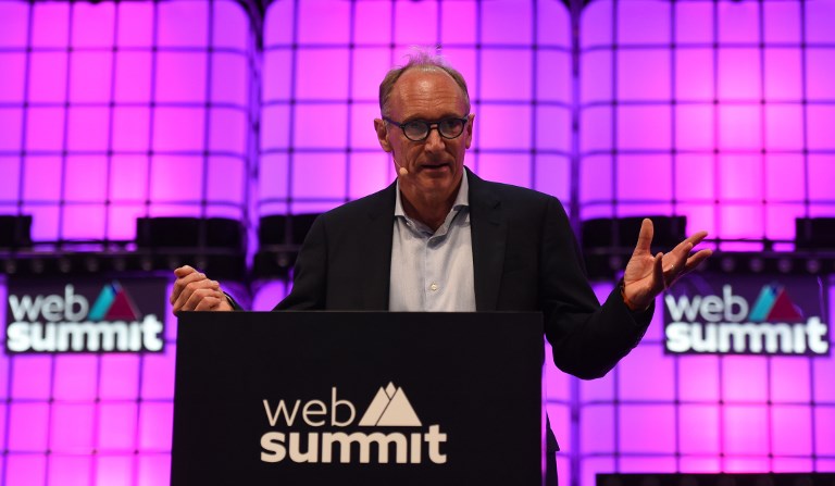 TIM BERNERS-LEE. English scientist Tim Berners-Lee from the Web Foundation addresses the opening ceremony of the 2018 edition of the annual Web Summit technology conference in Lisbon on November 5, 2018. Photo by Francisco Leong/AFP 
