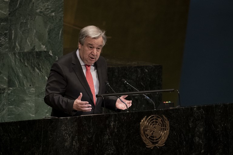 REMEMBERING THE DEAD. This United Nations handout photo shows UN Secretary-General Antonio Guterres as he makes remarks at the opening meeting of the Commission on the Status of Women 63rd session on March 11, 2019. Photo by Evan Schneider/United Nations/AFP) 