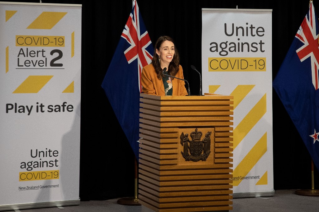JACINDA ARDERN. New Zealand's Prime Minister Jacinda Ardern takes part in a press conference about the COVID-19 coronavirus at Parliament in Wellington on June 8, 2020. Photo by Marty Melville/AFP 