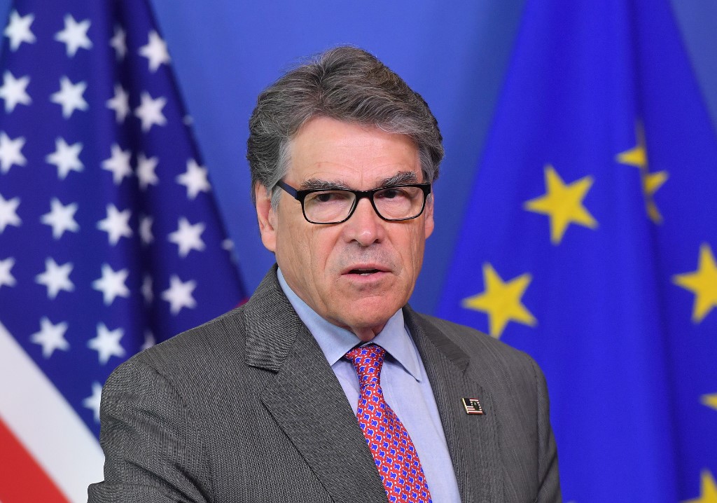 PERRY'S INSTA-GAFFE. US Secretary of Energy Rick Perry addresses a press conference during a high-level business to business energy forum at the European Commission in Brussels on May 2, 2019. Photo by Emmanuel Dunand/AFP 