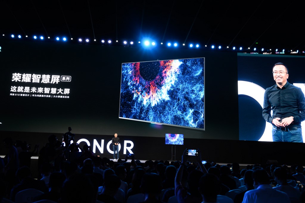 ON HARMONY OS. George Zhao, President of HONOR, a branch of Huawei, unveiled HONOR Vision Series, the world's first smart screen equipped with HarmonyOS during the Huawei developer conference in Dongguan, Guangdong province on August 10, 2019. Photo by Fred Dufour/AFP 
