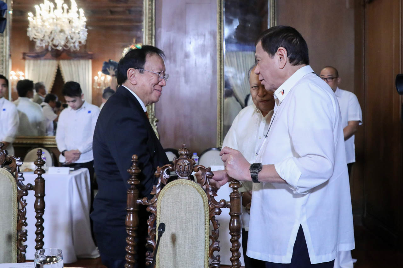 ENDURING ALLIANCE. President Rodrigo Duterte greets Solicitor General Jose Calida before the start of the 46th Cabinet Meeting at Malacañang Palace on March 2, 2020. File photo courtesy of Malacañang  