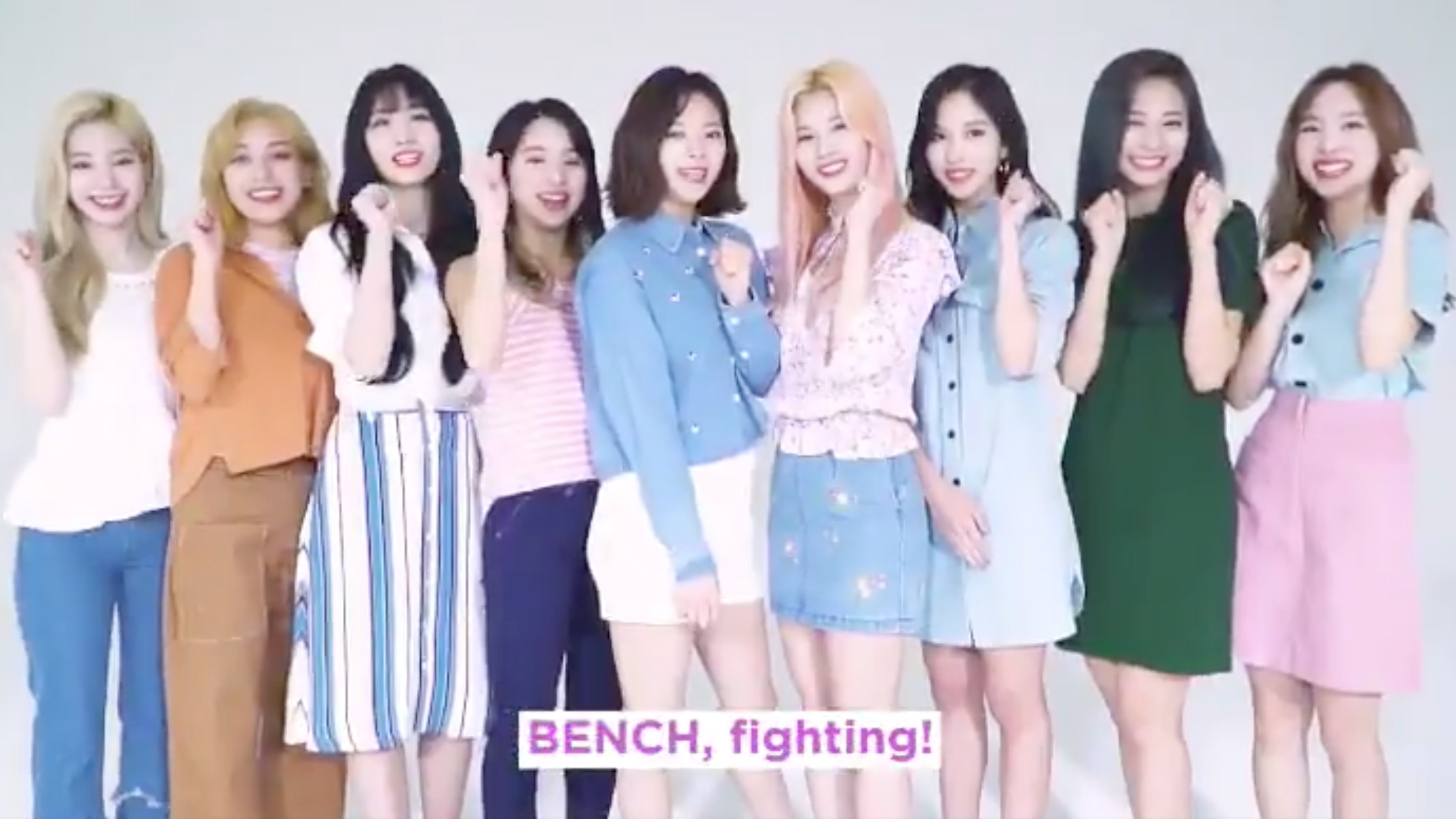 BENCHSETTERS. Twice greets their fans as they are announced as the newest endorsers for Filipino clothing brand Bench. Screenshot from Twitter.com/Benchtm 