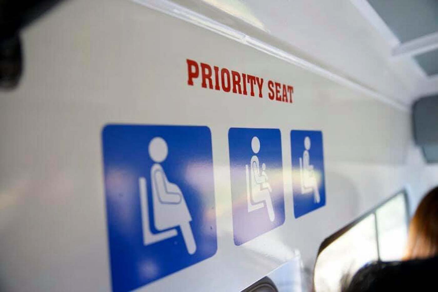 PRIORITY. Some seats in the modern unit are reserved for pregnant women, people with children, and persons with disabilities. Photo from DOTr's FB page 