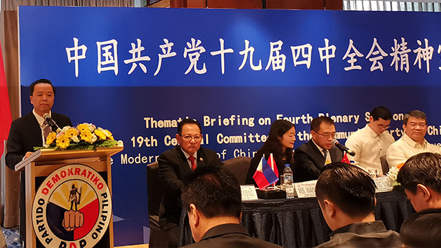 CHINESE ENVOY. Chinese Ambassador Huang Xilian at  the Thematic Briefing on the Fourth Plenary Session of the 19th Central Committee of the Communist Party of China in Makati City on December 6, 2019. The event was attended by PDP Laban officials, led by party president Senator Koko Pimentel (right).  Photo from the Chinese Embassy 