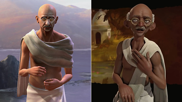 COMPARISON. Civ V's Gandhi versus Civ VI's. Screengrab from 2K Games/Civilization V and Civilization VI  