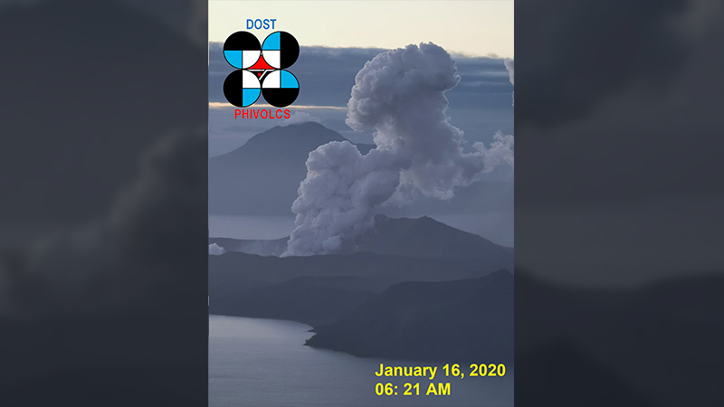 ASH PLUME. A view of the steam-laden column from the Taal Volcano at 6:21 am on January 16, 2020. Photo from Phivolcs 