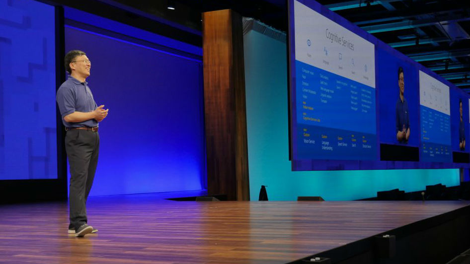 AI HEAD. Pictured is Harry Shum, the executive vice president of Microsoft for AI and research, speaking at Microsoft Build 2017 on May 10, 2017. Photo from Microsoft. 