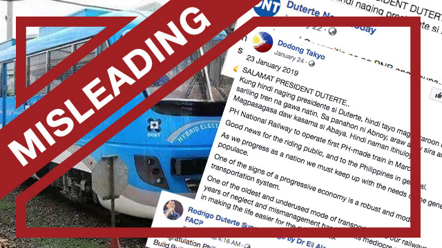 MISLEADING. Screenshots of the claims posted in different pro-Duterte pages giving credits to Duterte for the first Filipino-built train.
 