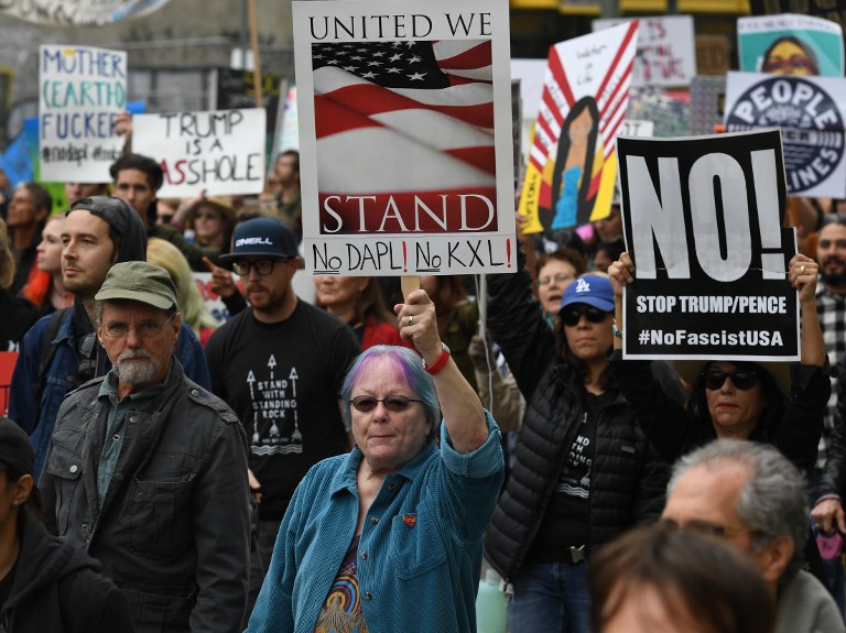 NO. In this file photo, demonstrators march to the Federal Building in protest against US President Donald Trump's executive order fast-tracking the Keystone XL and Dakota Access oil pipelines, in Los Angeles, California on February 5, 2017. File photo by Mark Ralston/AFP  