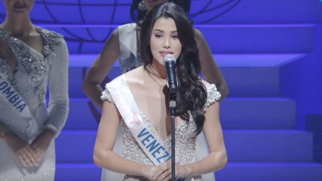 SPEAKING OUT. Mariem Claret Velazco Garcia talks about her advocacy at the Miss International 2018 speech portion. Screenshot from YouTube.com/missinter2009 