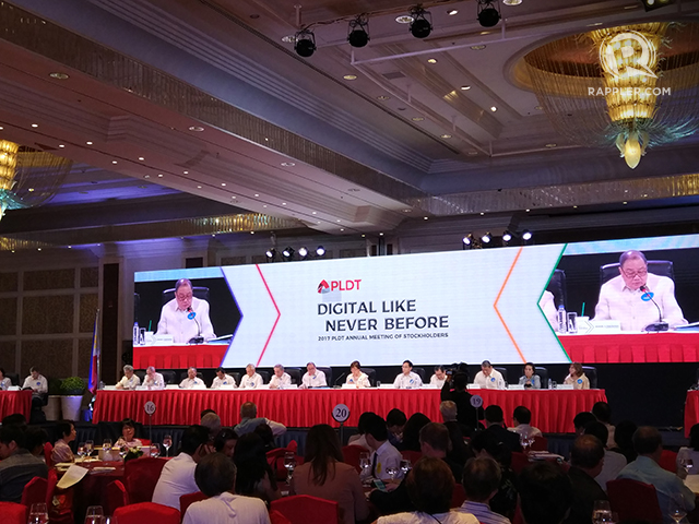 TRANSITION. Members of PLDT's board, led by chairman Manuel V. Pangilinan, discuss the firm's digital transition during the stockholders' meeting on June 13, 2017. Photo by Chris Schnabel/Rappler 