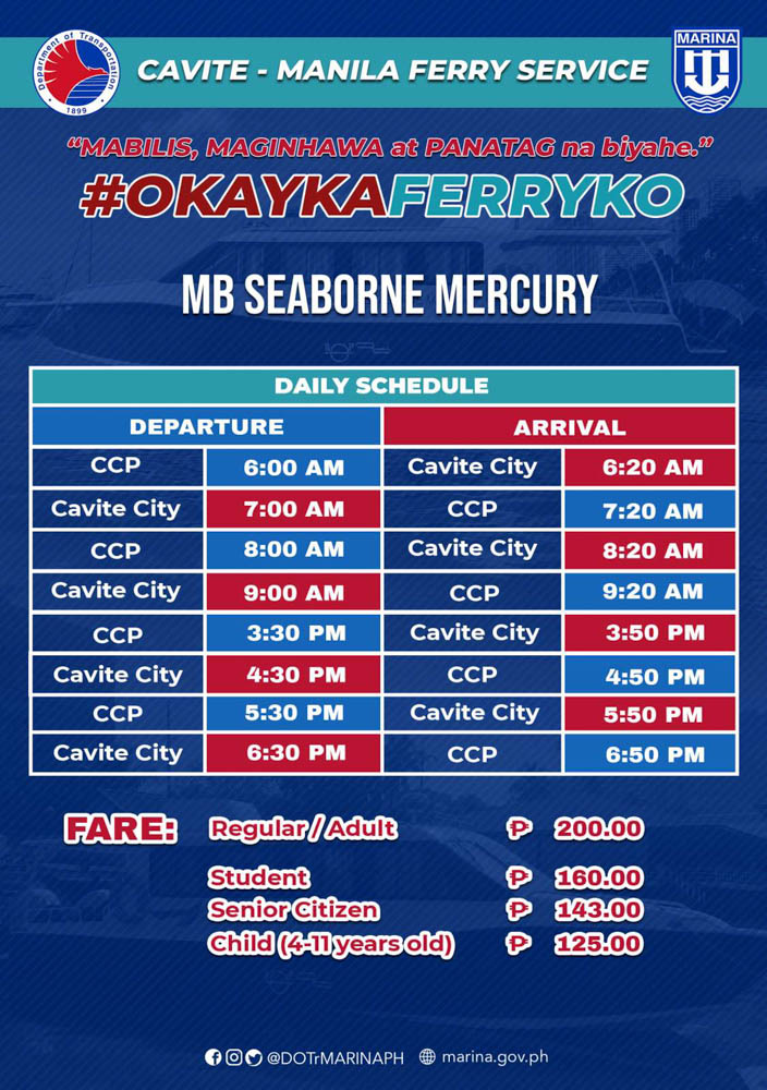 FARES AND SCHEDULES. Here's when you can ride the two ferry boats and how much it will cost. Photos from DOTr 