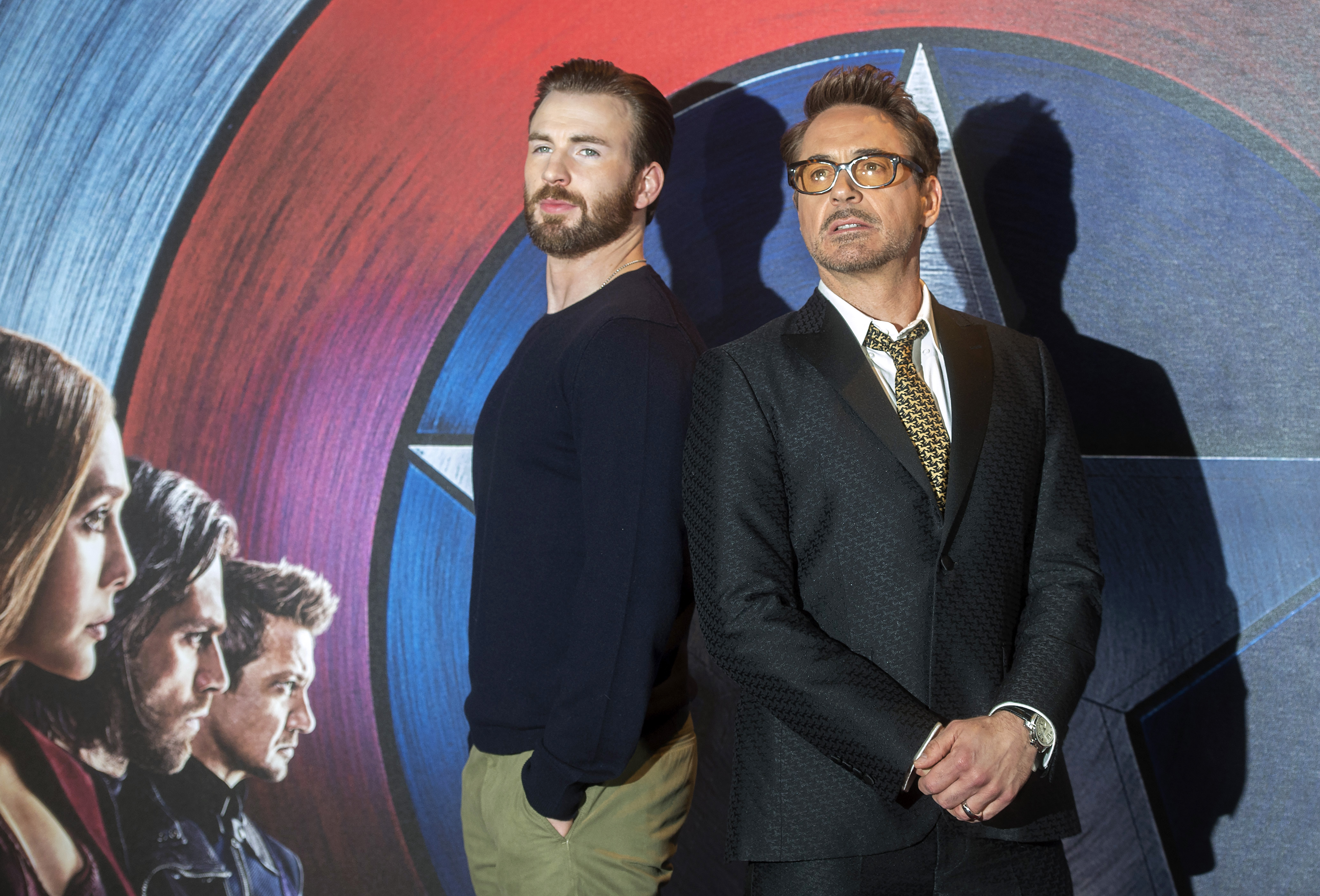 #TEAMCAP OR #TEAMIRONMAN? Chris Evans and Robert Downey Jr in London promoting 'Captain America: Civil War.' Photo by Hannah McKay/EPA 
