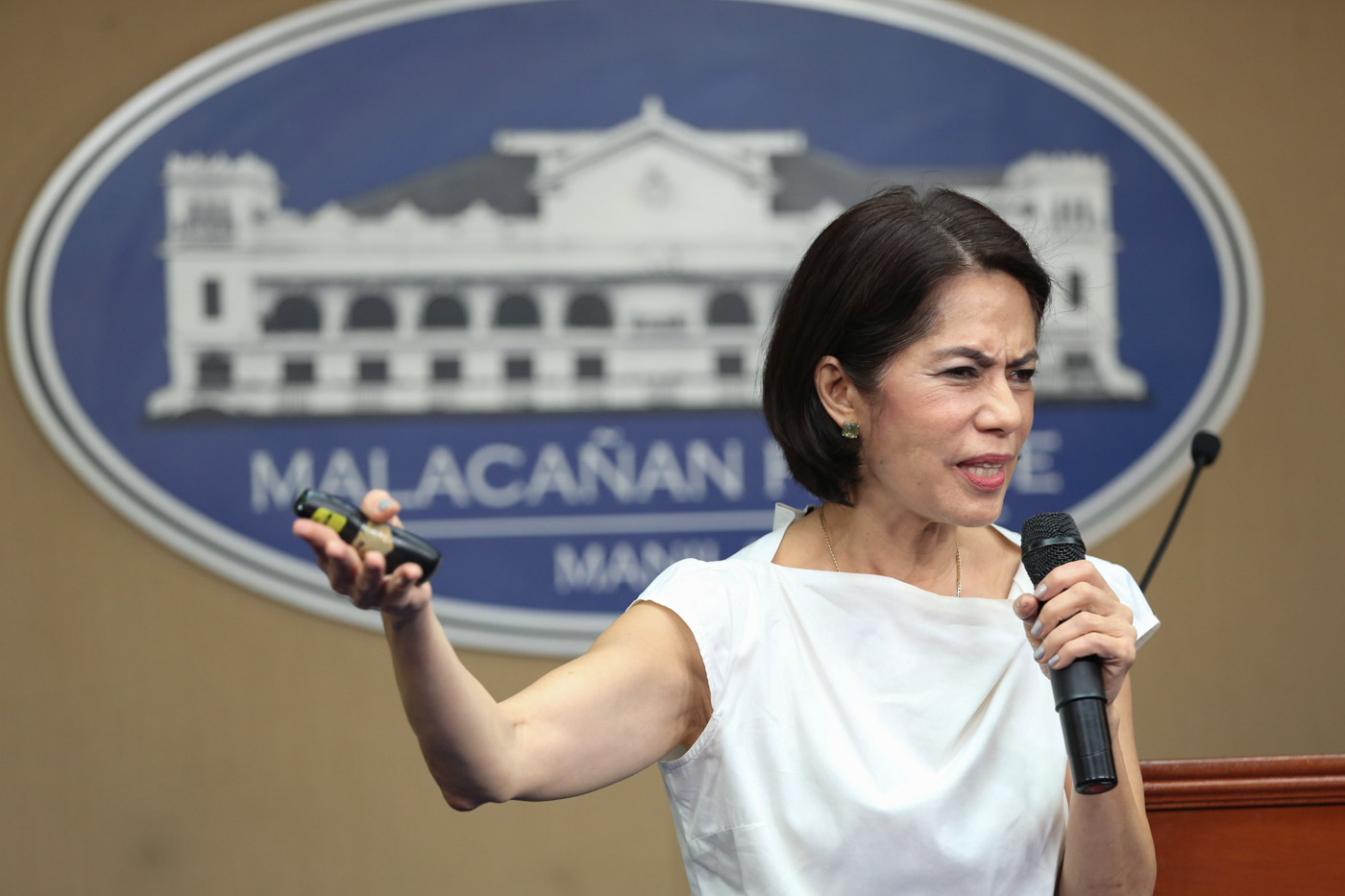 ON MINING. In this file photo, Environment Secretary Gina Lopez talks to reporters about the mining sites which her department ordered closed or suspended. Malacañang Photo   