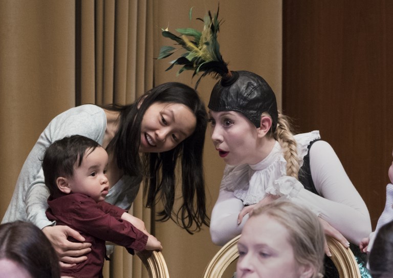 INTERACTION.  The character Uccellina, played by Charlotte Hoather, performs for children and their parents during the presentation of 'BambinO' on April 30, 2018 at the Metropolitan Opera House in New York.  Photo by Don Emmert/AFP  
