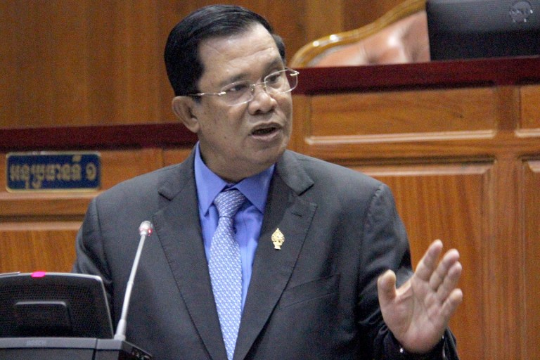 FACEBOOK THREATS. This handout photo taken on April 4, 2016 shows Cambodian Prime Minister Hun Sen speaking during a meeting at the National Assembly building in Phnom Penh. Photo from Cambodia National Assembly/AFP 