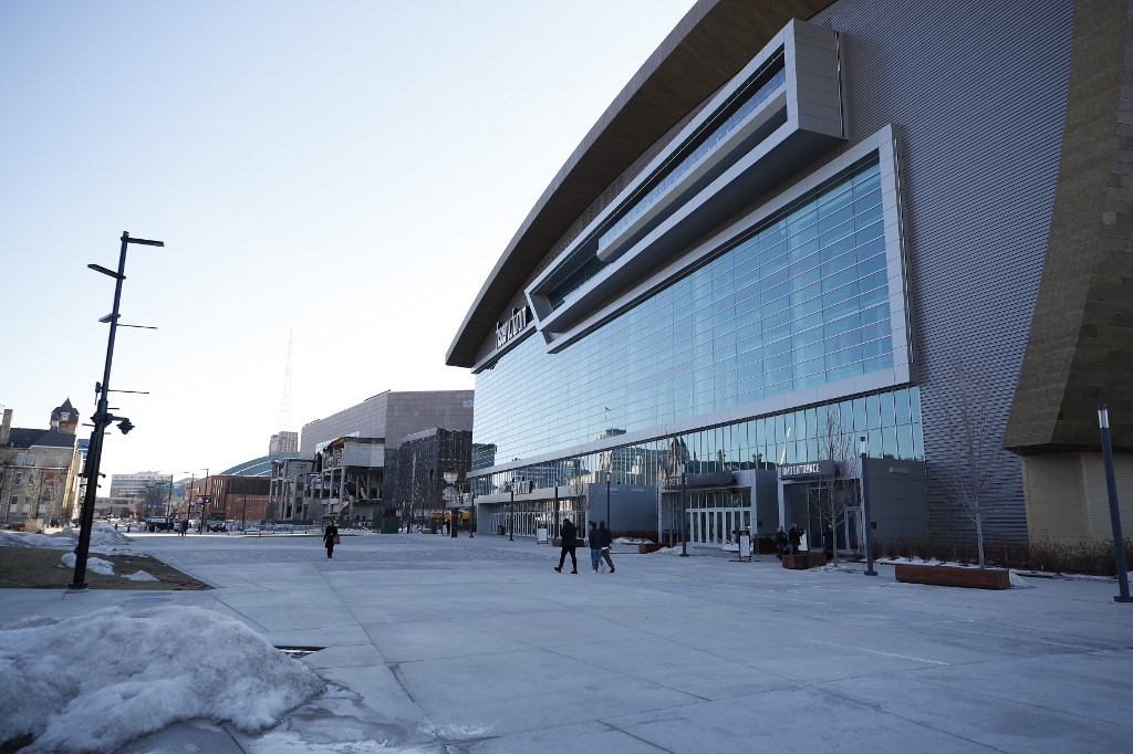 POSTPONED. In this file photo, the fiserv.forum, the site of the 2020 Democratic National Convention, is seen in Milwaukee, Wisconsin on March 11, 2019. Photo by Kamil Krzaczynski/AFP 