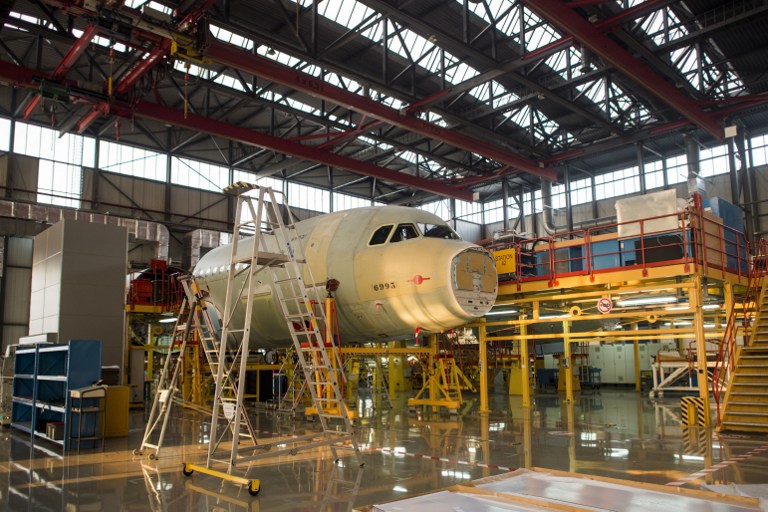 CHINA MARKET. The front fuselage of an aircraft is seen at the Airbus Tianjin plant in Tianjin on March 1, 2016. File photo by Fred Dufour/AFP 
