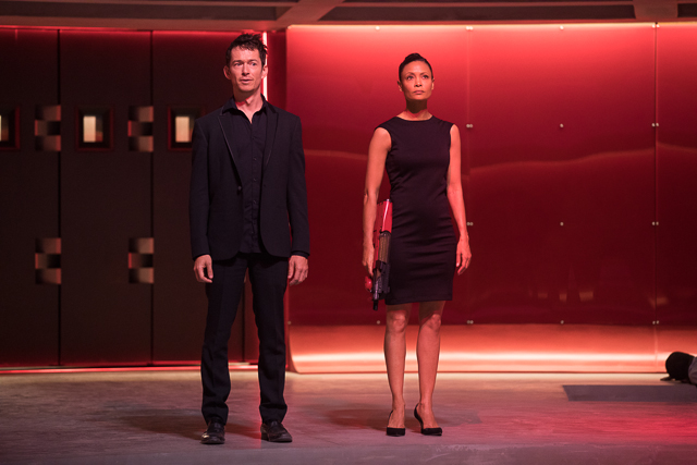 JOURNEY INTO THE NIGHT. Sizemore (Simon Quarterman) is taken hostage by Maeve (Thandie Newton) in 'Westworld' season two's first episode. Photo courtesy of HBO 