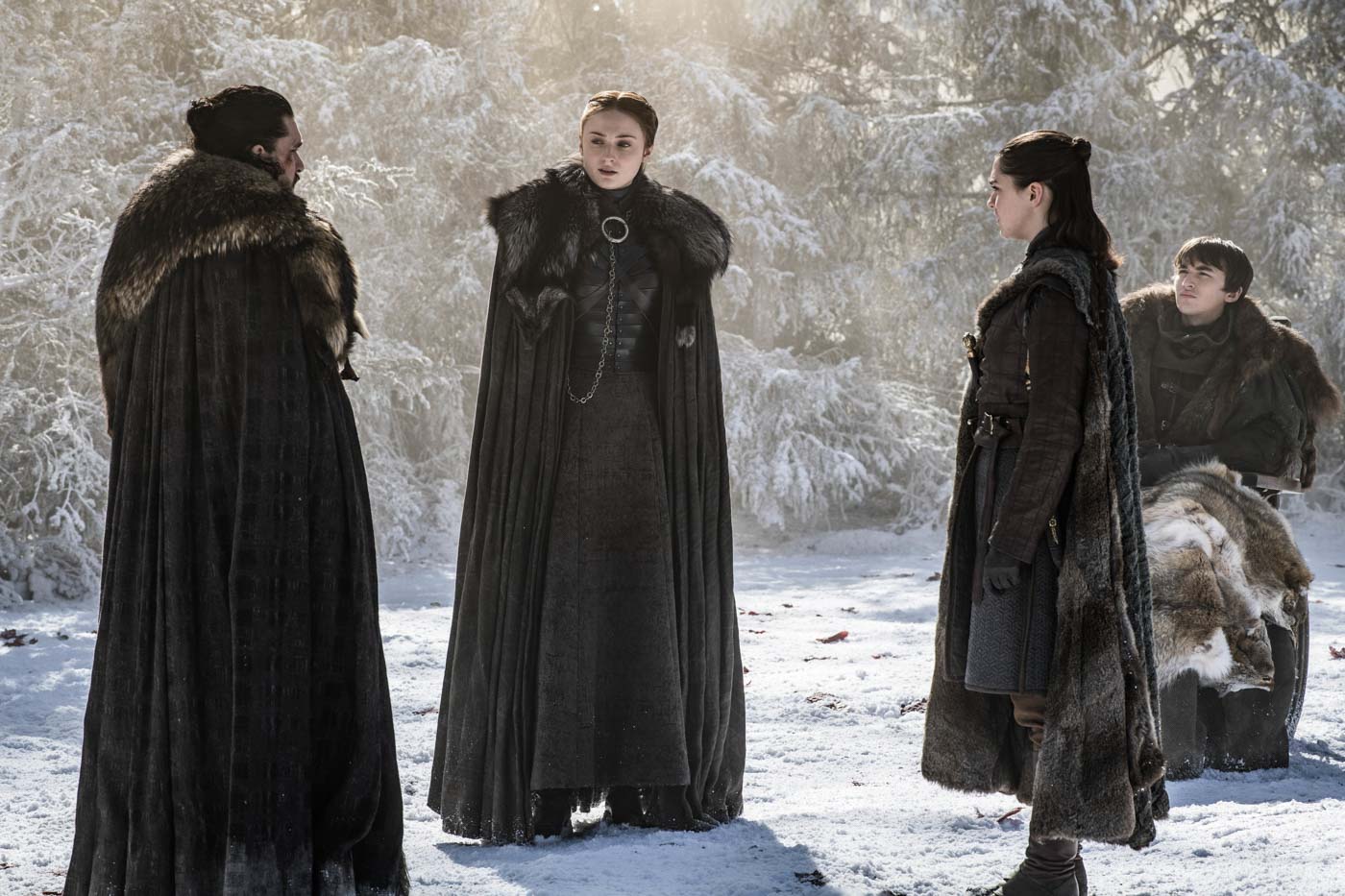 LAST EPISODE. Actors Kit Harington as Jon Snow, Sophie Turner as Sansa Stark, Maisie Williams as Arya Stark, and Isaac Hempstead Wright as Bran Stark  during a scene from episode 4 of 'Game of Thrones.' Photo by Helen Sloan/HBO   
