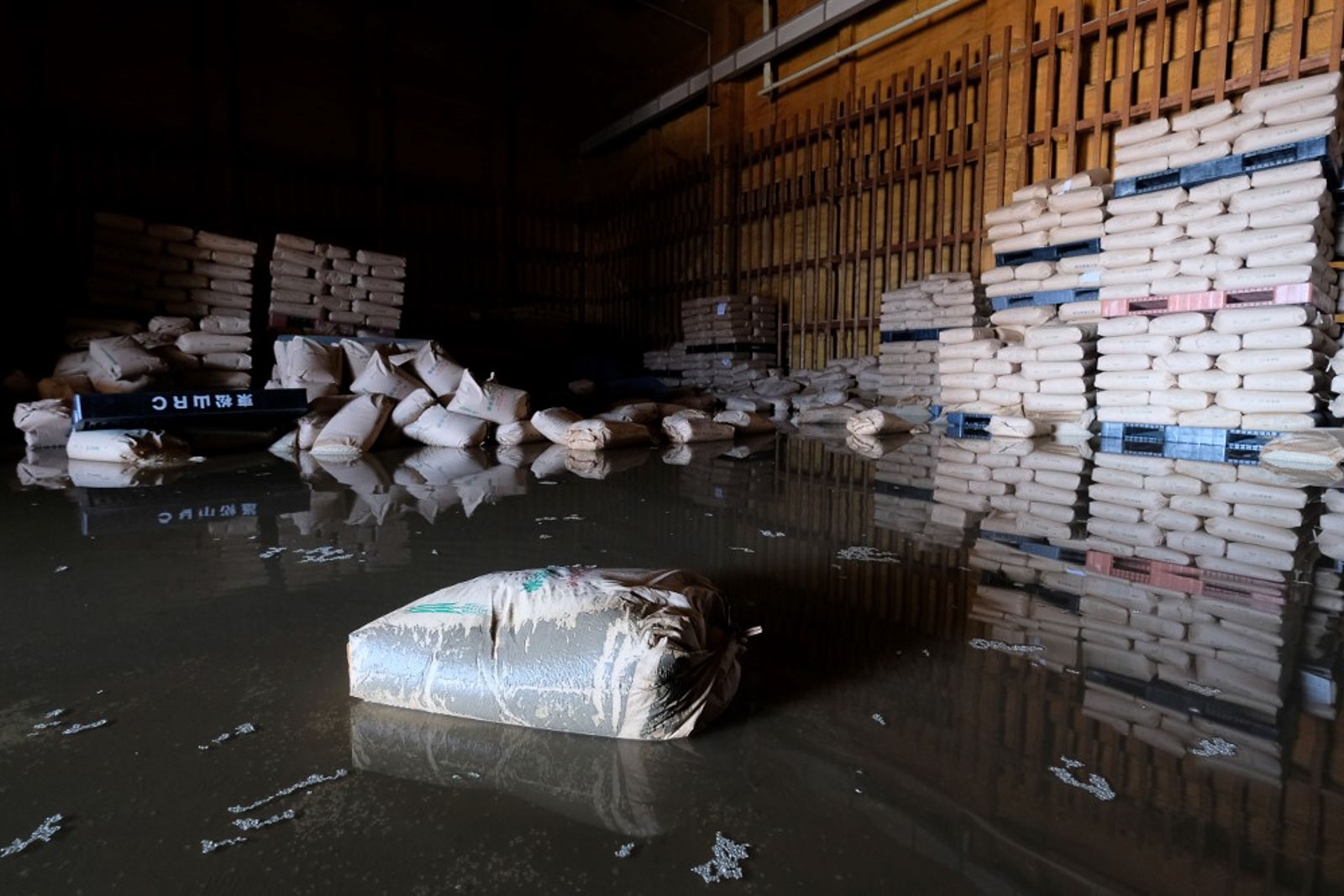 Sacks of rice saturated with floodwaters are seen in a warehouse in the aftermath of Typhoon Hagibis in Higashi-Matsuyama, Saitama prefecture on October 13, 2019.  Photo by Kazuhiro Nogi/AFP 