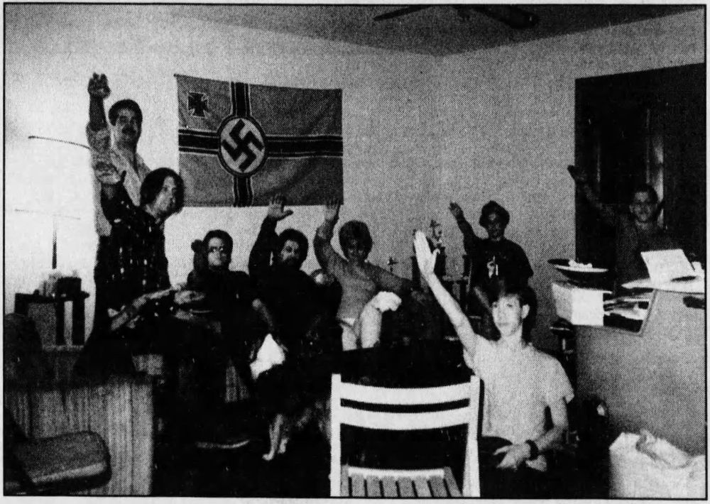 WHITE SUPREMACIST TIES. A photograph from an August 23, 1992 edition of The Tennessean. Damien Patton is third from left. Photo sourced from Newspapers.com.
 