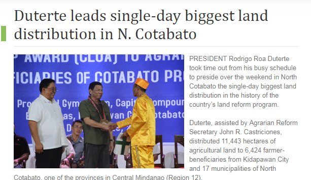 PRESS RELEASE. DAR boasted its single-day biggest land distribution in North Cotabato  