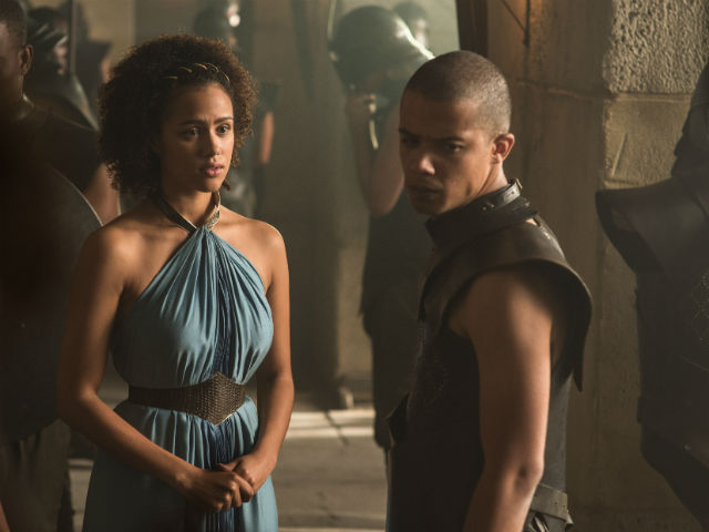 Nathalie Emmanuel as Missandei and Jacob Anderson as Grey Worm. Photo by Helen Sloan/HBO 