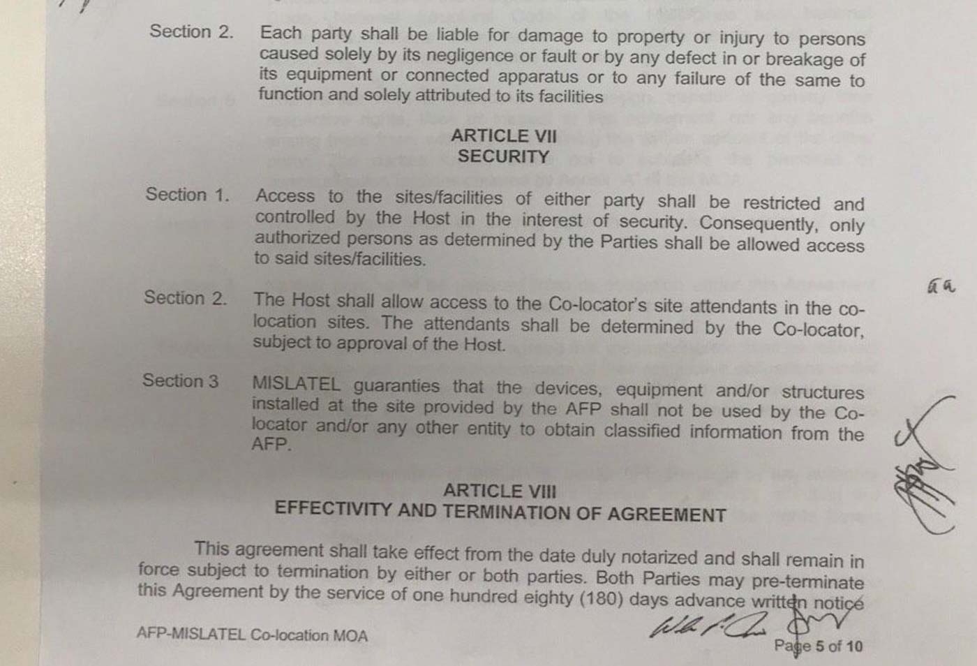 SECURITY CLAUSE. The memorandum of agreement between the Armed Forces of the Philippines and Dito Telecommunity adds a 3rd provision to the security article that otherwise resembles Globe's and Smart's. This 3rd provision tackles classified information. Photo obtained by Rappler  